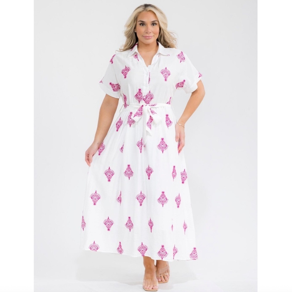 Embroidery Plus Size Button Up Self Tie Maxi Dress